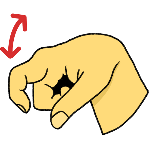 A yellow hand, which is bent at the wrist, palm down, and viewed from the side, is curled into a loose fist with an extended curled index finger. Above is a red arrow which indicates an up-and-down motion.